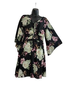 Black Floral Tie-Front Dress Bell Sleeves Chiffon